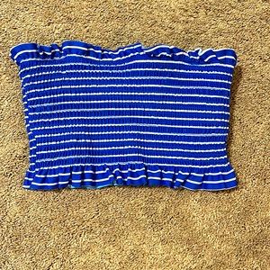 Junior size medium, blue and white stripe strapless swim top, smoke free home